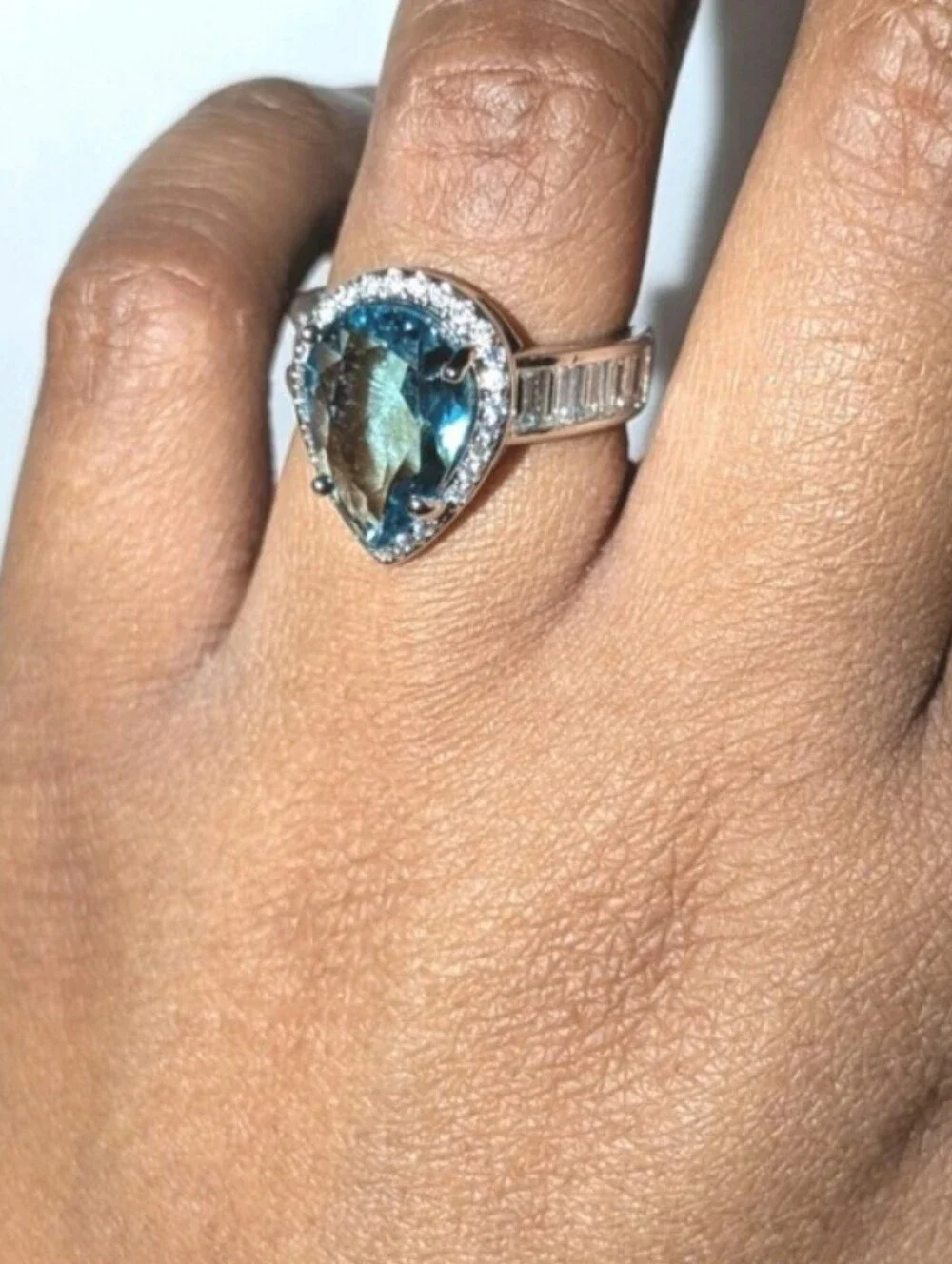 Shimmering 5ct Pear Cut Lab Created Blue Topaz Ring 14k White Gold Plated Sz 6